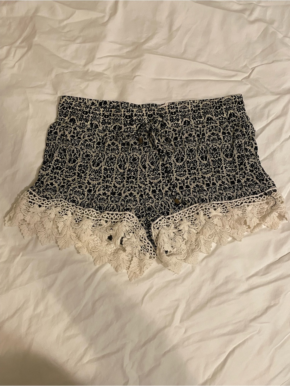 Women's Black Floral Print Shorts with Cream Lace Trim
